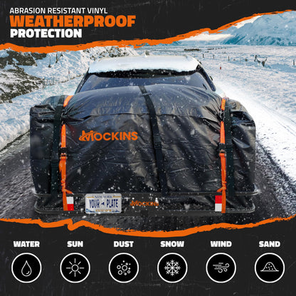 Mockins 60"x24"x6" Heavy Duty Trailer Hitch Cargo Carrier & 25 CuFt Waterproof Cargo Bag for Hitch Carrier | 500 Lbs. Capacity Folding Luggage Rack for SUV Car Truck with Plate Bracket & Accessories