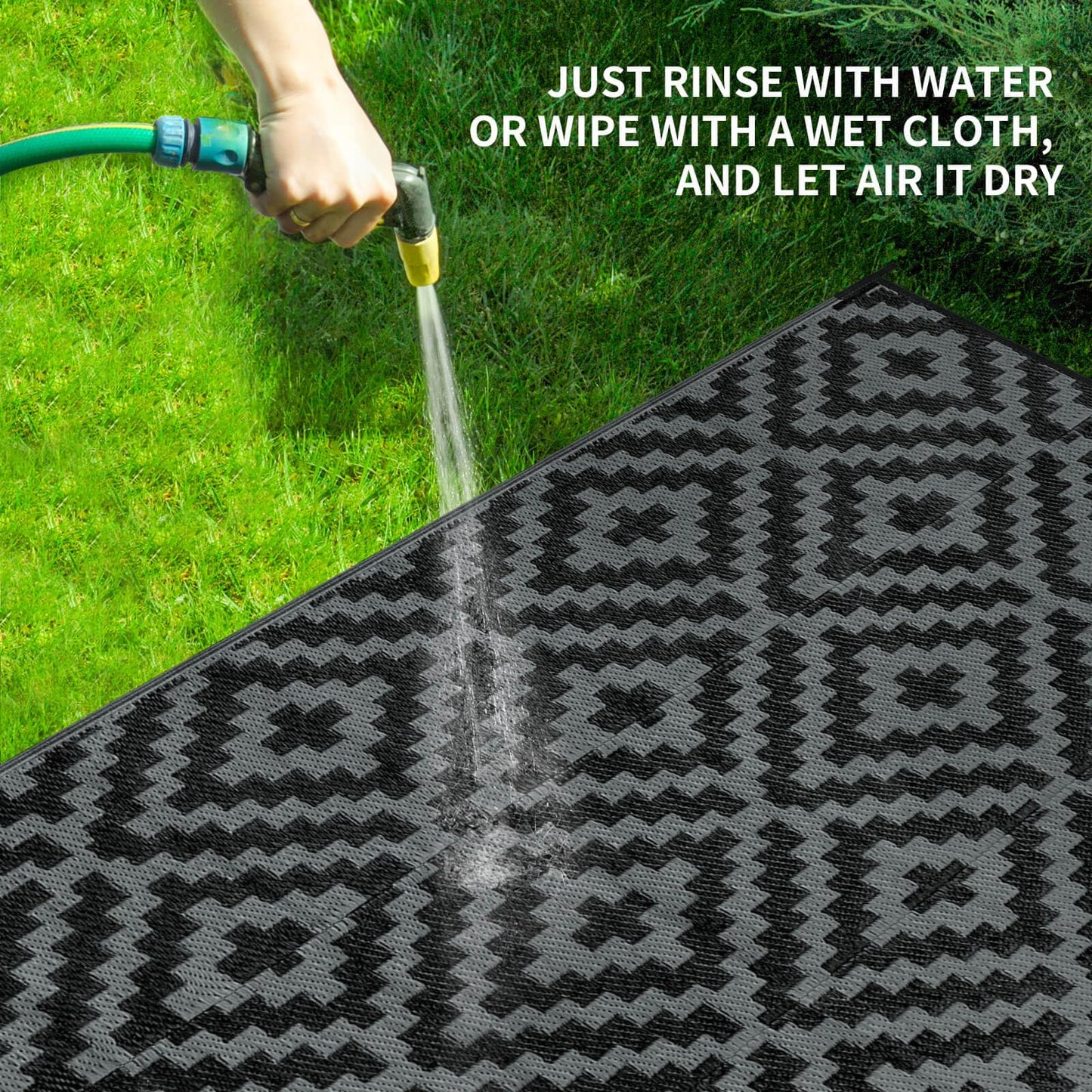 Outdoor Patio Plastic Straw Rug - 9x18 ft Outdoor Camping Rug Waterproof Reversible, Area Carpet Patios Clearance RV, Outside Porch Balcony Deck for Camper, Black & Grey