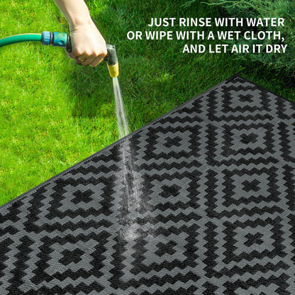 Outdoor Patio Plastic Straw Rug - 9x18 ft Outdoor Camping Rug Waterproof Reversible, Area Carpet Patios Clearance RV, Outside Porch Balcony Deck for Camper, Black & Grey