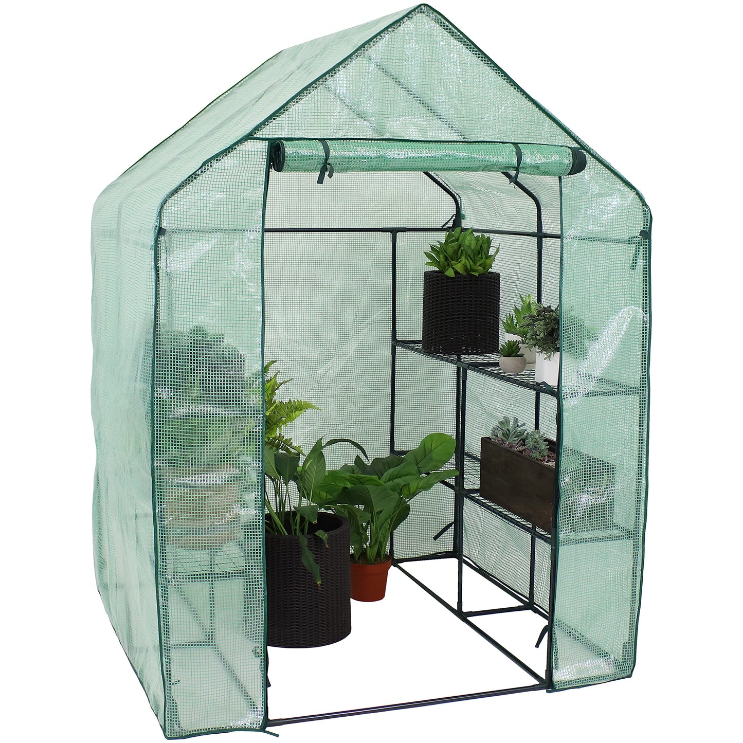 Sunnydaze Portable Outdoor Grandeur Walk-in Greenhouse with 4 Steel Wire Shelves and Roll-Up Door - Green