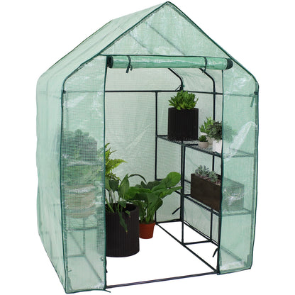 Sunnydaze Portable Outdoor Grandeur Walk-in Greenhouse with 4 Steel Wire Shelves and Roll-Up Door - Green