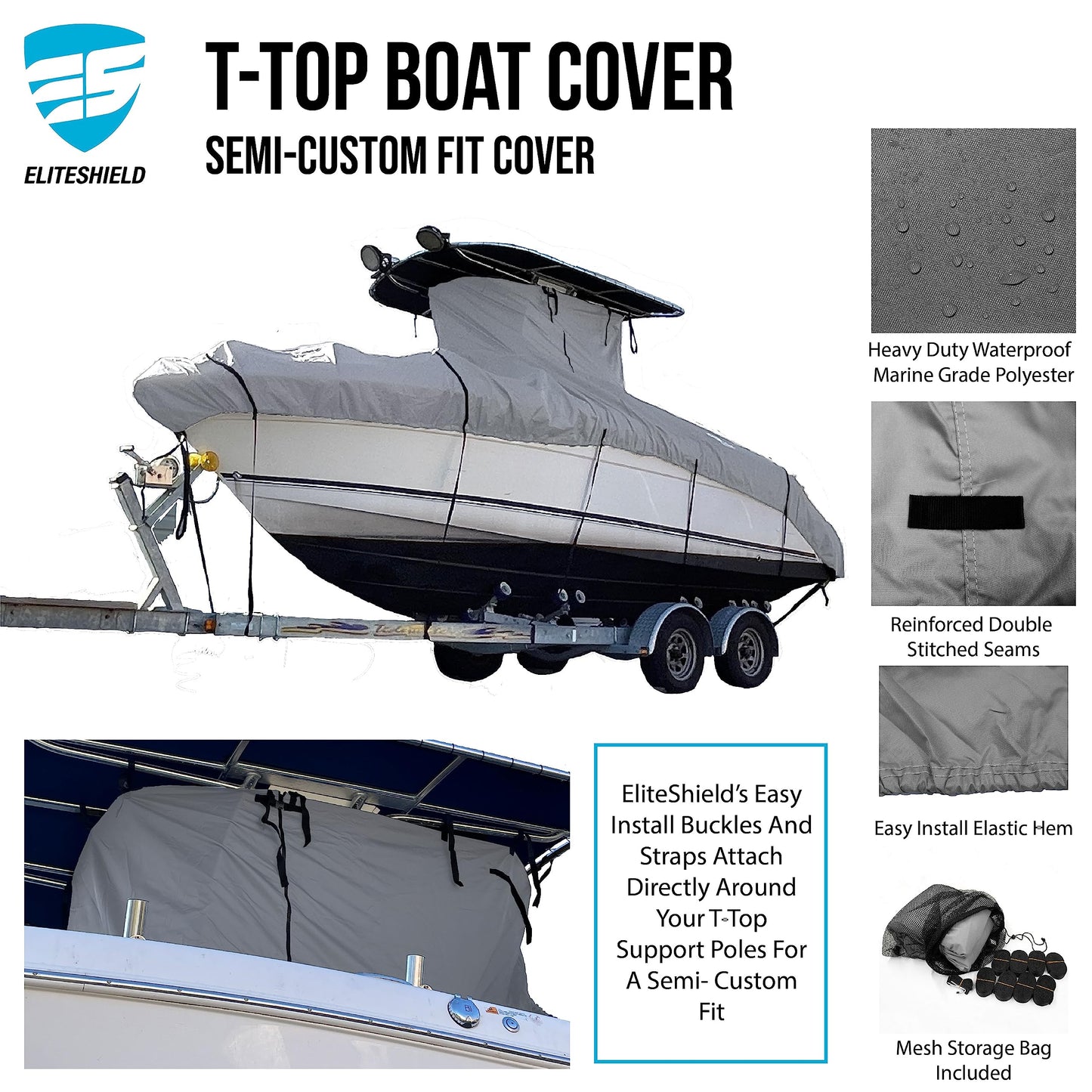 EliteShield Heavy Duty T-Top Boat Cover - Fits 30ft to 32ft Long Center Console Boats, Waterproof & Fade Resistant, Gray (Size 7: 30'-32' Long, Beam 140" W)