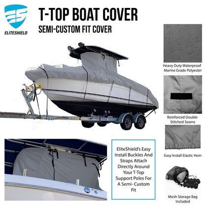 EliteShield Heavy Duty T-Top Boat Cover - Fits 30ft to 32ft Long Center Console Boats, Waterproof & Fade Resistant, Gray (Size 7: 30'-32' Long, Beam 140" W)