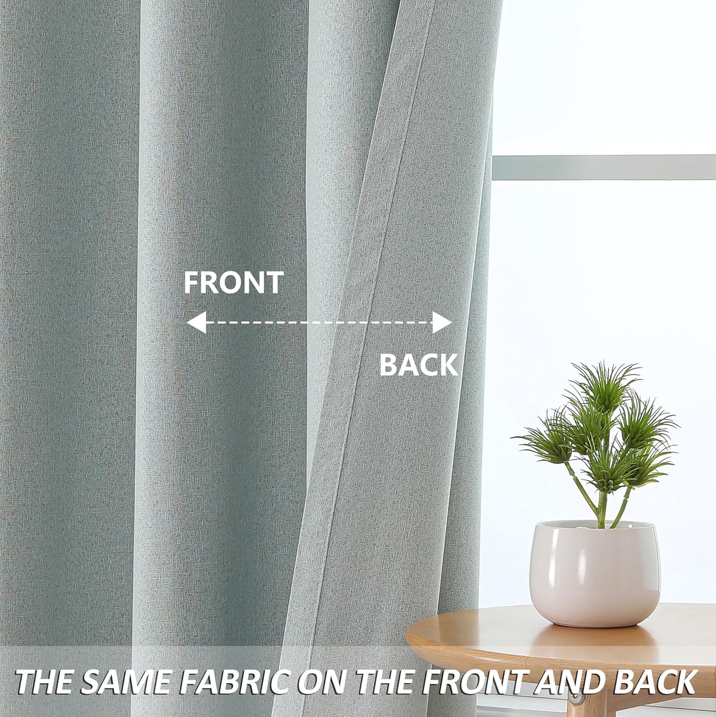 THOOO 100% Blackout Curtains - Natural Linen Textured Room Darkening Panels | 84 Inches Long, Sage Green