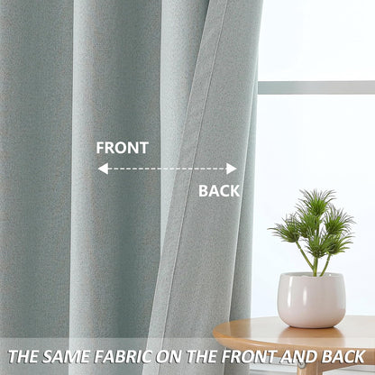THOOO 100% Blackout Curtains - Natural Linen Textured Thermal Insulated Grommet Panels | 95 Inches, Sage Green