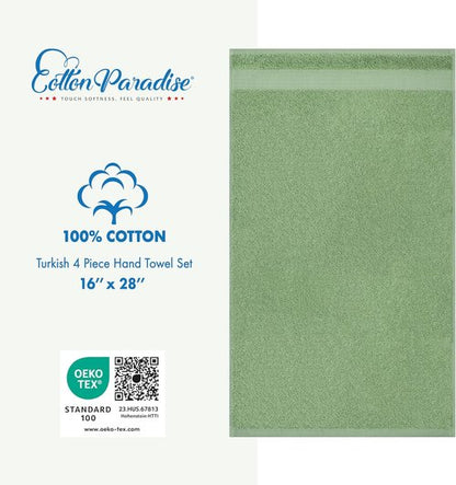 Cotton Paradise Hand Towels - 100% Turkish Cotton, Soft & Absorbent 4-Piece Set in Sage Green