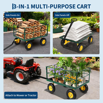 Heavy Duty 1500 Lbs Capacity Mesh Steel Garden Cart Folding Utility Wagon with Removable Sides, Garden Cart on Wheels for Gardening Soil, Tools, and Plant Transport