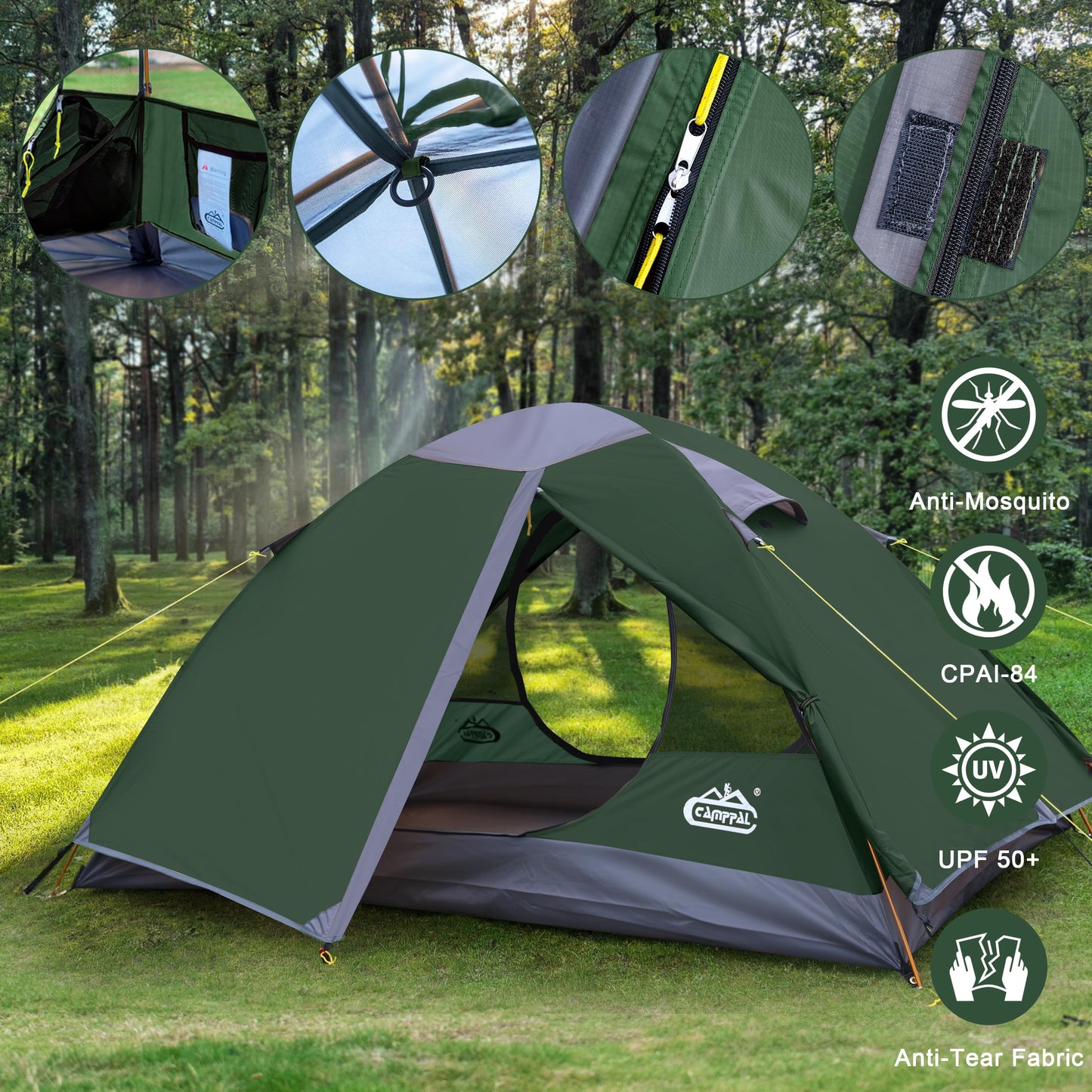 2 Person Backpacking Tent, Waterproof Windproof Two Person Tent, Lightweight Easy Setup 2 Man Tent for Camping, Hiking, Biking, Cycling, Motorbiking, Mountaineering - Green