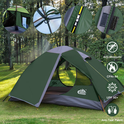 2 Person Backpacking Tent, Waterproof Windproof Two Person Tent, Lightweight Easy Setup 2 Man Tent for Camping, Hiking, Biking, Cycling, Motorbiking, Mountaineering - Green