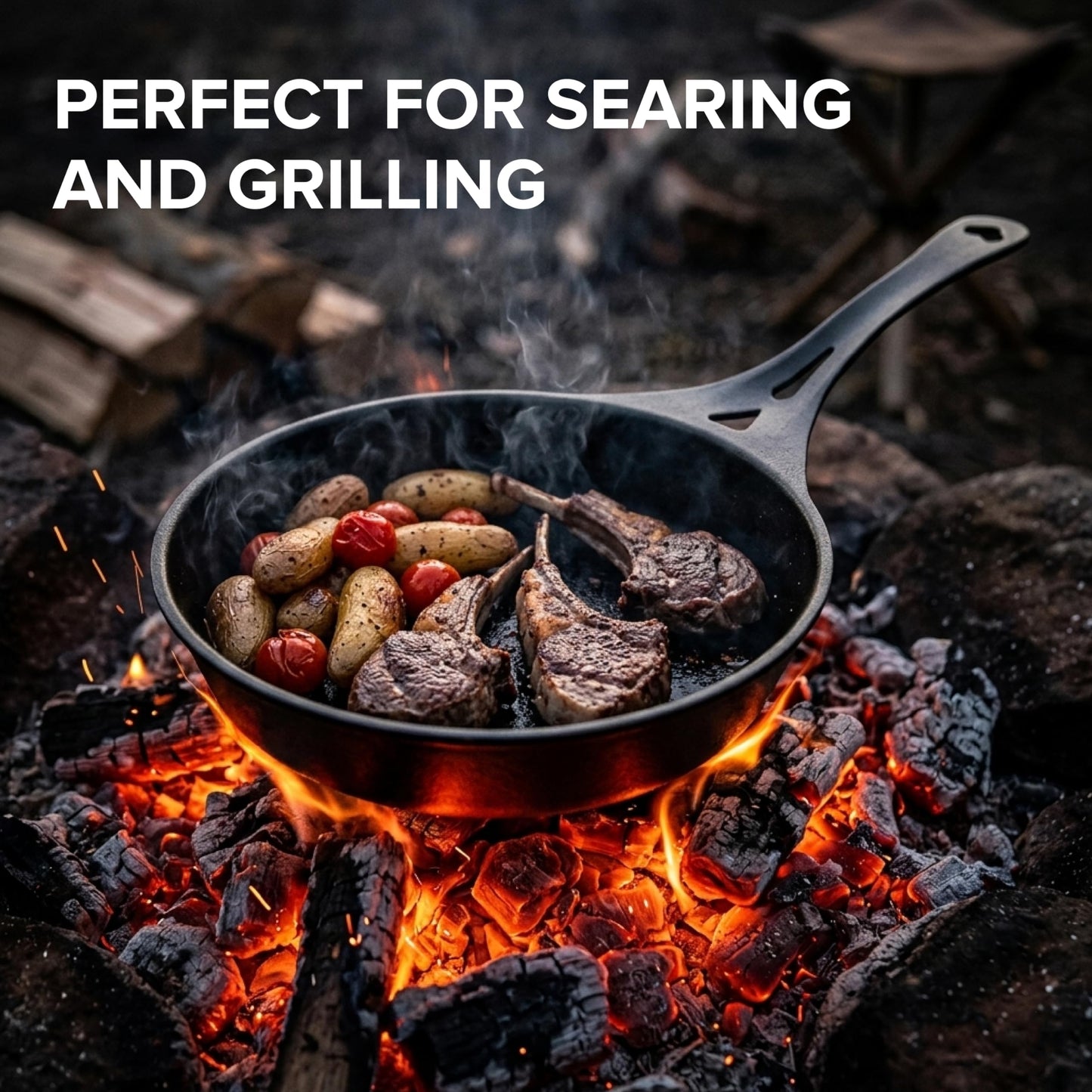 SOLIDTEKNICS 8" Outdoor Skillet Set – Naturally Seasoned Australian Iron Skillet with Lil Flippa Stainless Flipper & Mini Pan Scraper Lightweight Camping Cookware for Grill & Campfire Cooking