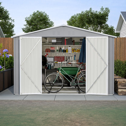 YOPTO 10x12 FT Outdoor Storage Shed with Floor Frame Kit,Metal Shed W/Double Lockable Doors,Garden Tool Storage House W/ 4 Air Vents & Sloped Roof,for Backyard,Patio,Lawn,Gray