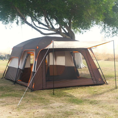 KTT Extra Large Tent 12 Person,Family Cabin Tents,2 Rooms,3 Doors and 3 Windows with Mesh,Straight Wall,Waterproof,Double Layer,Big Tent for Outdoor,Picnic,Camping,Family Gathering(Brown)
