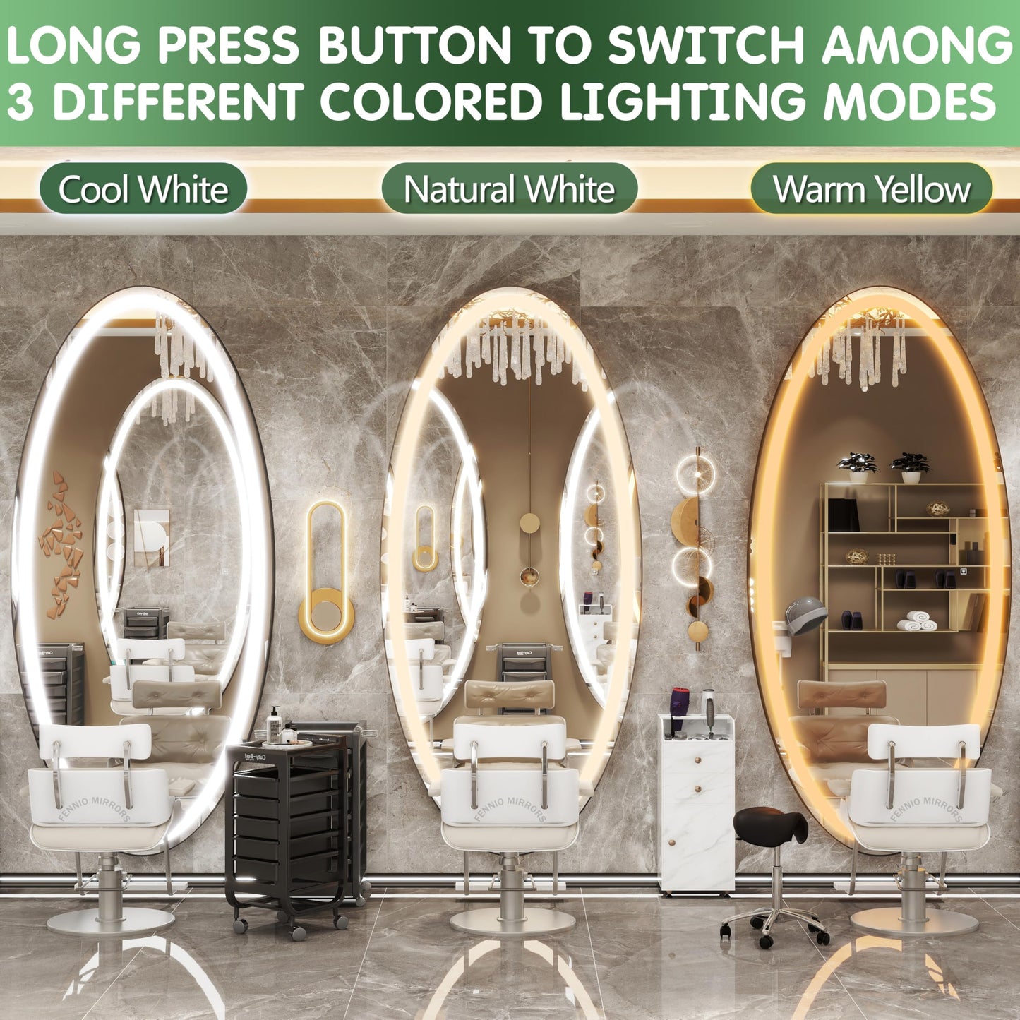 FENNIO 70" x 36" Large Wall Mounted Mirror with LED Lights, Oval Full Length LED Lighted Full Body Dressing Mirror for Bedroom, Salon, Brushed Aluminum Frame, Tempered Glass