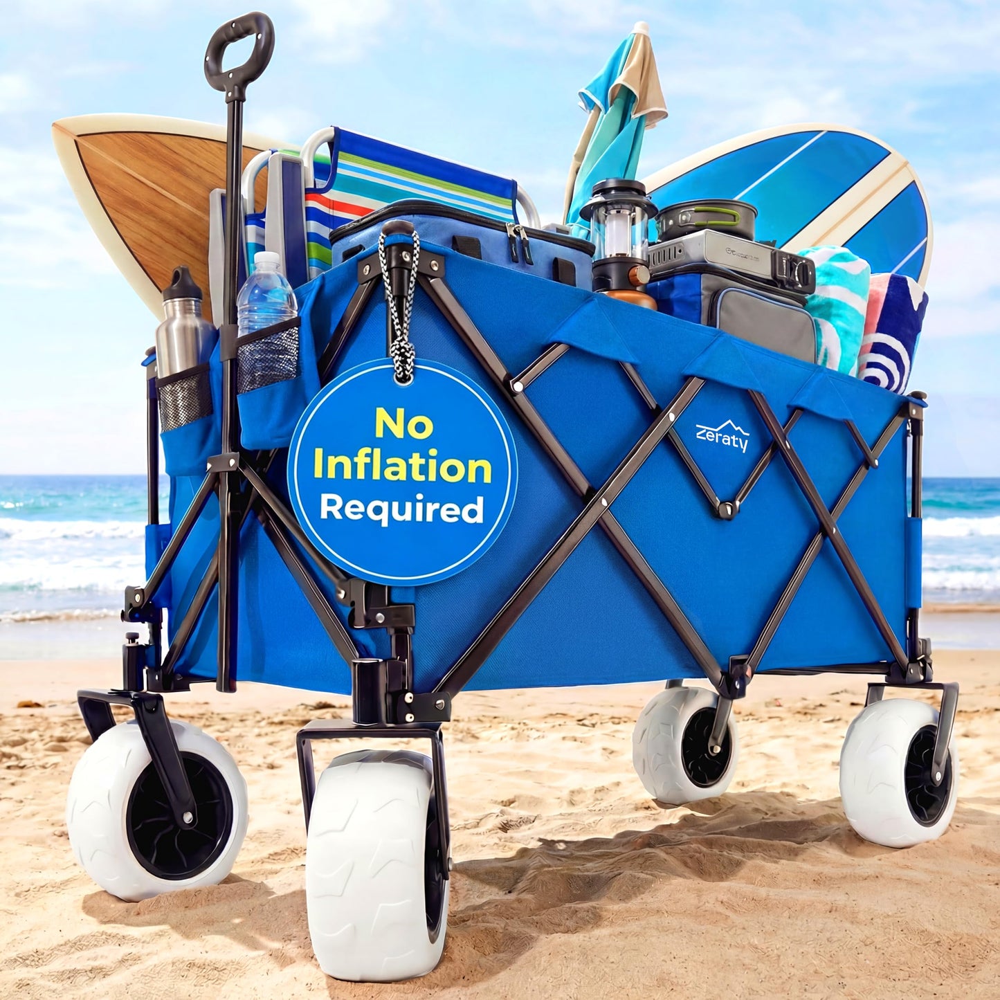 Zeraty Beach Wagon with Big Wheels for Sand, Heavy Duty All Terrain Wagons Carts Foldable with Solid 9" Tires, 300L Oversized Capacity & 330 LBS Load, Beach Cart for Outdoor & Camping, Blue