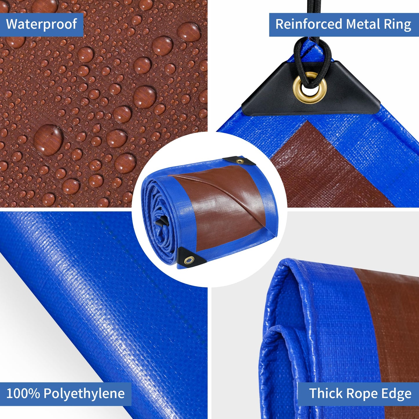 TARPAL 20x40ft Waterproof Heavy Duty Tarp 16Mil Thick with Metal Grommets Every 17.7" Large Multipurpose Tarp Tear-Resistant UV Protection Covers Roof, Pool,Car,Firewood&Outdoor Furniture(Blue/Brown)