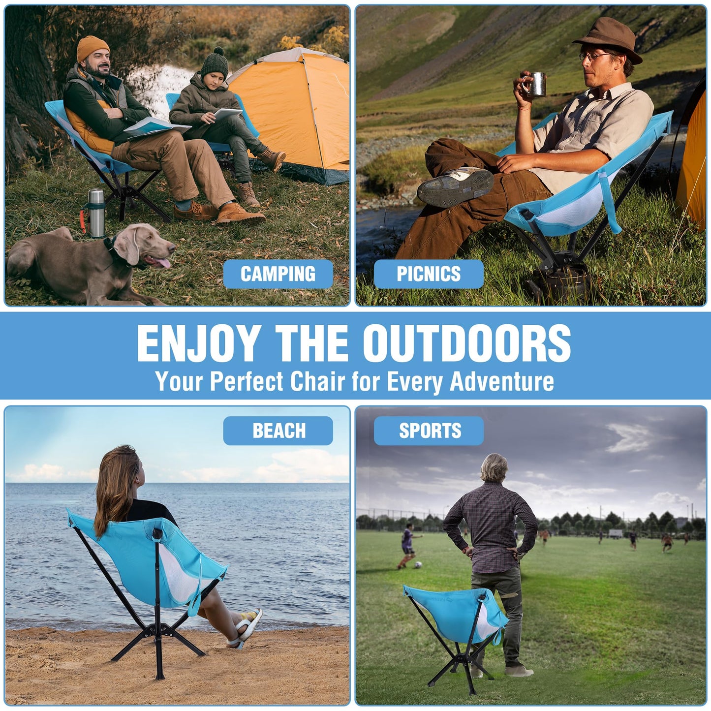 VILLEY Portable Folding Chair Lightweight Camping Chair No Assembly Needed, Quick Setup for Beach, Hiking, Supports 330 LBS, Blue, 2 Pack