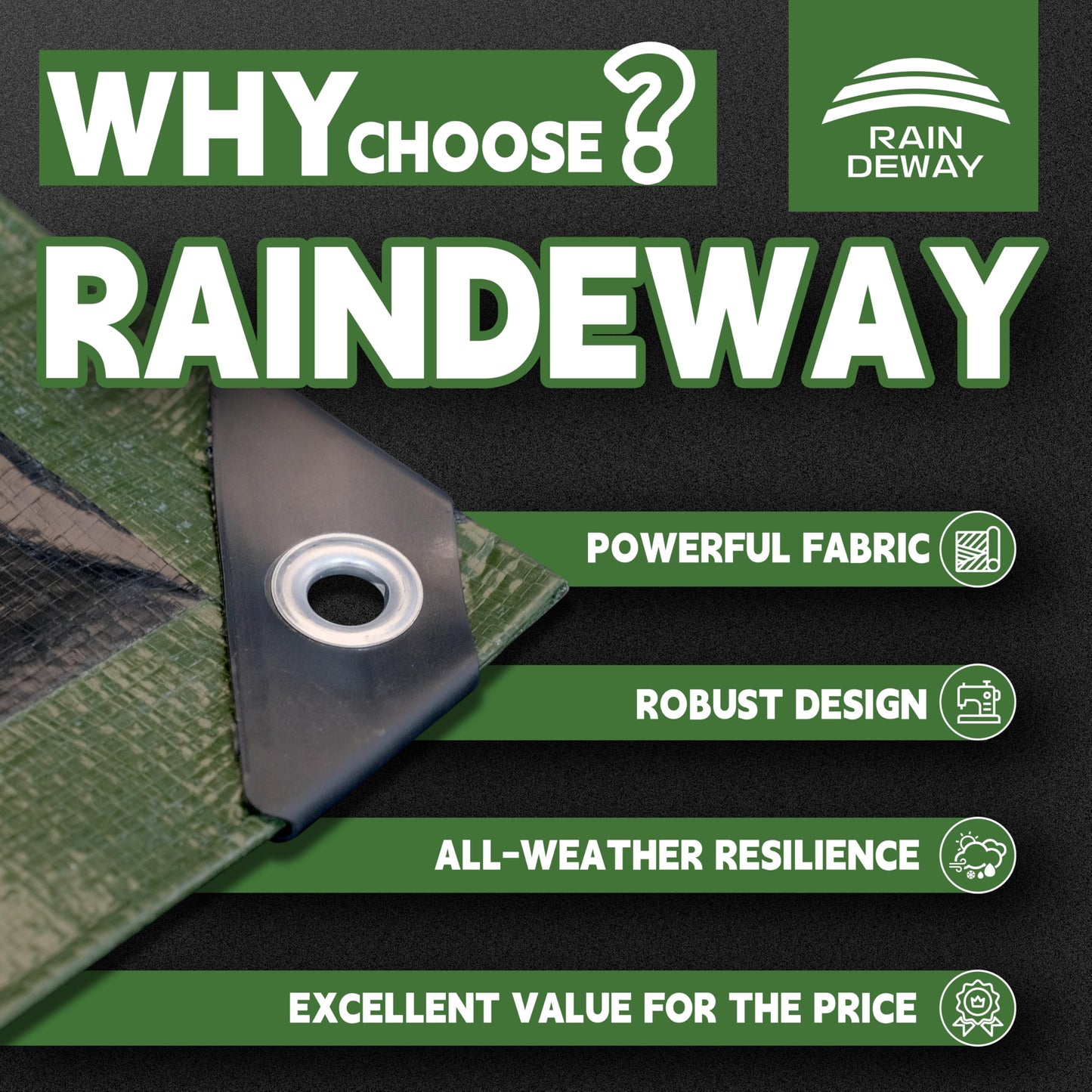 RAINDEWAY Tarps 30x40 Feet,Large Tarp Waterproof,9Mil Thick Finished Size, Multipurpose Poly Tarp Cover with Metal Grommets and Reinforced Edges,Green/Black Tarpaulin