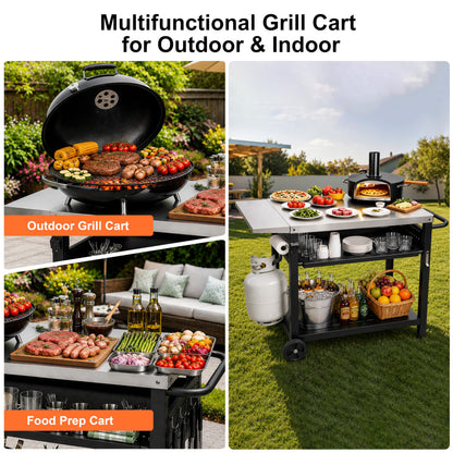 Outdoor Grill Cart for Blackstone/Ooni/Ninja, 43.3"x20" Stainless Steel Outdoor Grill Table with Propane Tank Mount & Wheels, Movable Outdoor Cooking Table with Storage for Pizza Oven, Patio, Camping
