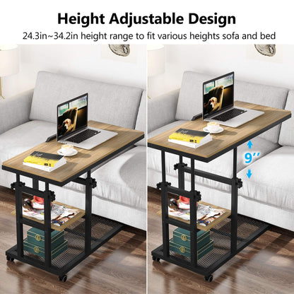 Tribesigns Height Adjustable C Table with Wheels, Mobile Couch Snack Side Table with Tiltable Drawing Board, Sofa Bedside Laptop Stand C Shaped TV Tray with Storage Shelves (Black+Oak)