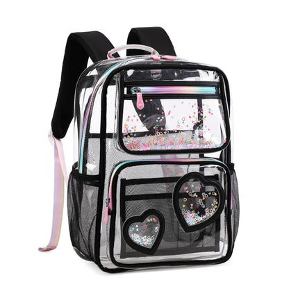 KIDNUO Clear Backpack for Girls,Clear Bookbag Heavy Duty Transparent Backpacks for Stadium Events, See Through Back Pack for Kindergarten Elementary Middle High School (Black)