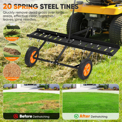 AugFir 48-Inch Tow Behind Dethatcher, Pull Behind Lawn Dethatcher with 20 Spring Steel Tines, Lawn Sweeper Garden Aerator Grass Tractor Rake, Adjustable Hitch Riding Lawn Mower Tractor Attachment