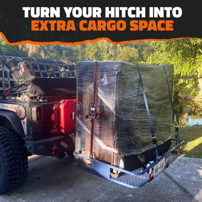 Mockins 60"x30"x6" Navy Trailer Hitch Cargo Carrier & 30 Cu Ft Waterproof Cargo Hitch Carrier Bag | 500 Lbs Cap Steel Folding Luggage Rack for SUV Truck Van & RV w/License Plate Bracket & Accessories