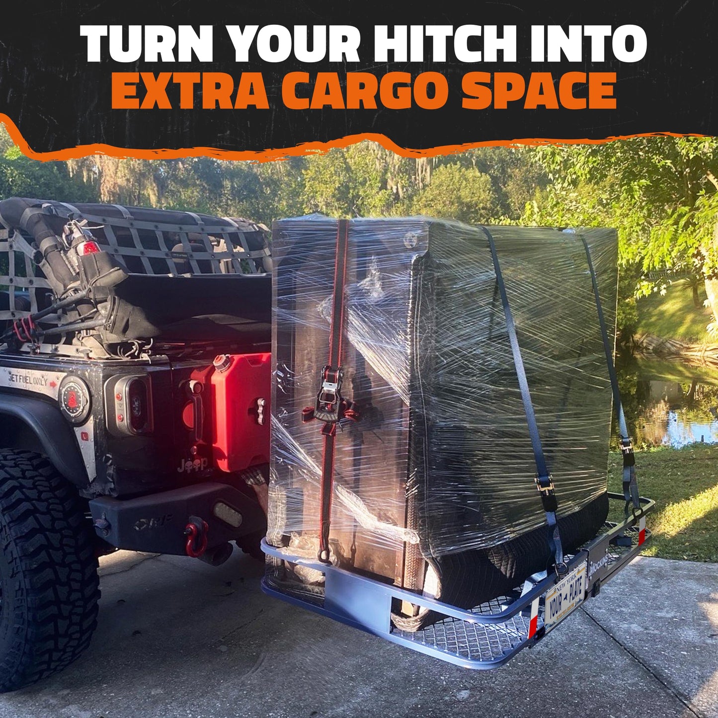 Mockins 60"x30"x6" Navy Trailer Hitch Cargo Carrier & 30 Cu Ft Waterproof Cargo Hitch Carrier Bag | 500 Lbs Cap Steel Folding Luggage Rack for SUV Truck Van & RV w/License Plate Bracket & Accessories