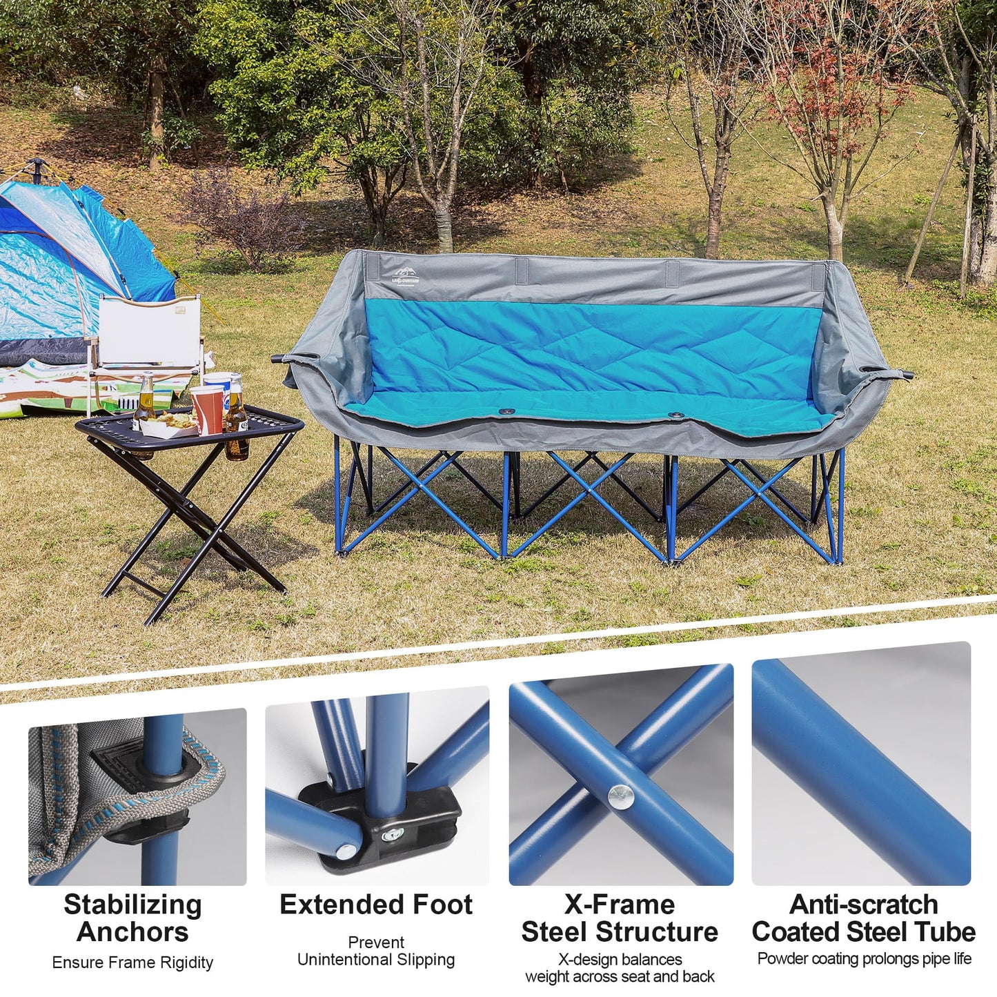 LANMOUNTAIN 3 Person Camping Chairs,Supports 900Lbs,Oversized Loveseat Camp Chair w/Cup Holder,Wine Glasses Holder,Heavy Duty Extra Large Outdoor Folding Sofa Perfect for Family Picnic,Parties,Garden