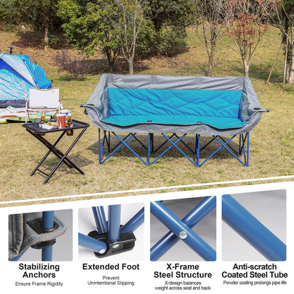 LANMOUNTAIN 3 Person Camping Chairs,Supports 900Lbs,Oversized Loveseat Camp Chair w/Cup Holder,Wine Glasses Holder,Heavy Duty Extra Large Outdoor Folding Sofa Perfect for Family Picnic,Parties,Garden