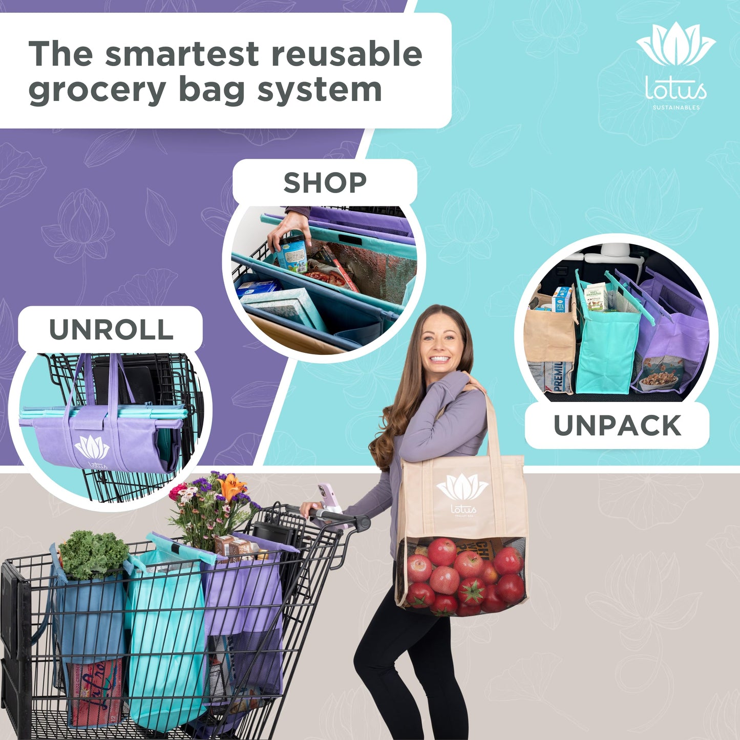 Lotus Trolley Bag Bundle Reusable Shopping Bags (Set of 4 Standard Size Earth Tones) PLUS (Set of 3 LARGE Size) Grocery Bags Insulated Cooler & Egg/Wine Holder, Foldable, Washable Grocery Cart Bags