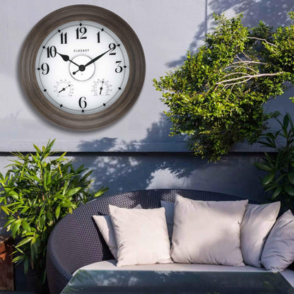 CLXEAST 24 Inch LED Illuminated Outdoor Clocks Waterproof with Thermometer & Hygrometer, Large Lighted Metal Wall Clock with Smart Night Light Sensor,Grey Oak Finish,House Warming Gifts New Home