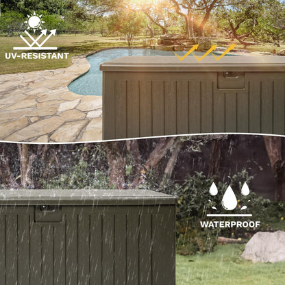 DWVO 230 Gallon Resin Outdoor Storage Box, XXL Double-Wall Waterproof Deck Box with Divider, Doubles as Table or Seating with 1000 lbs Capacity, Lockable (Light Brown)