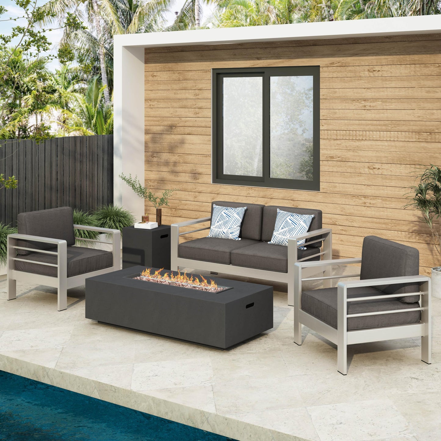 Christopher Knight Home Cape Coral Outdoor Chat Set with Fire Table, 5-Pcs Set, Khaki / Dark Grey