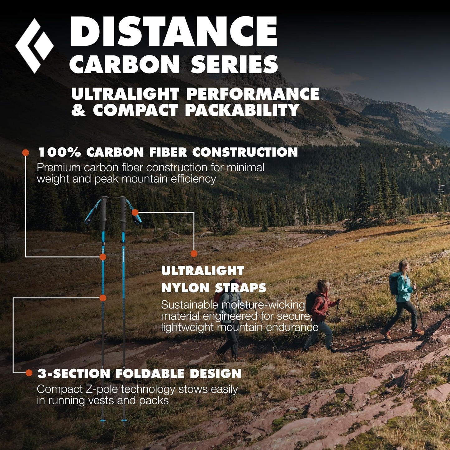 BLACK DIAMOND Distance Carbon FLZ Trekking Poles (Pair) | Ultralight Carbon Fiber | Z-Pole Folding Design | Hiking & Trail Running | Ultra Blue | 140 cm