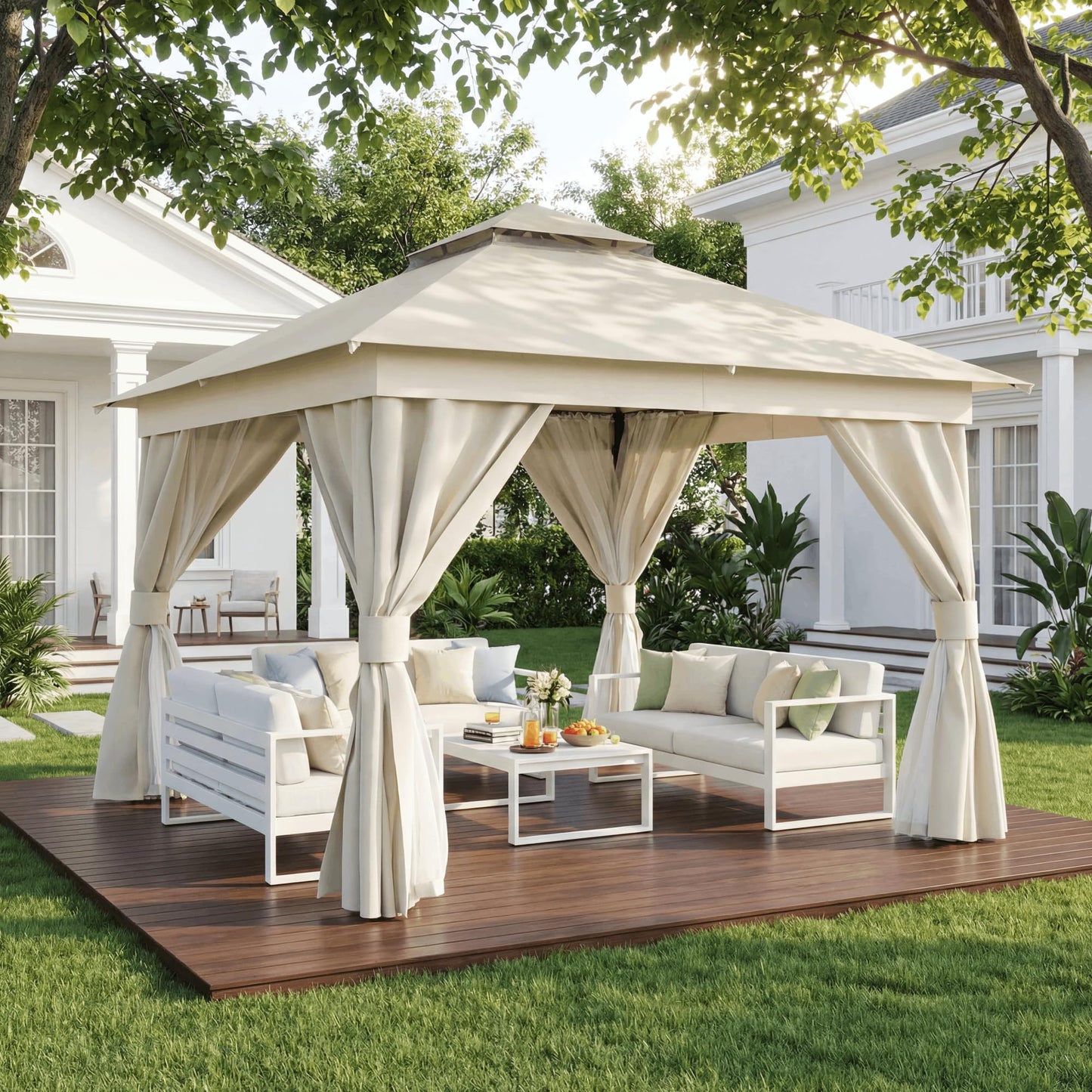 EO Living 10' x 10' Outdoor Patio Gazebo, Heavy-Duty Galvanized Steel Frame with Double-Tier Roof, Mosquito Netting & Privacy Curtains for Backyard, Patio & Lawn, Cream White