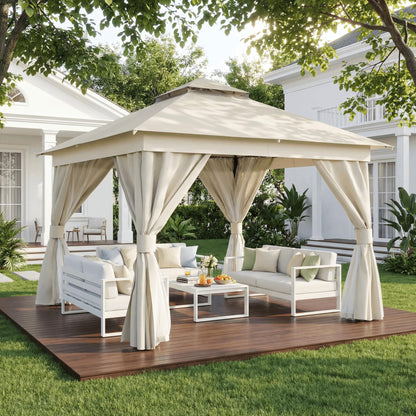 EO Living 10' x 10' Outdoor Patio Gazebo, Heavy-Duty Galvanized Steel Frame with Double-Tier Roof, Mosquito Netting & Privacy Curtains for Backyard, Patio & Lawn, Cream White