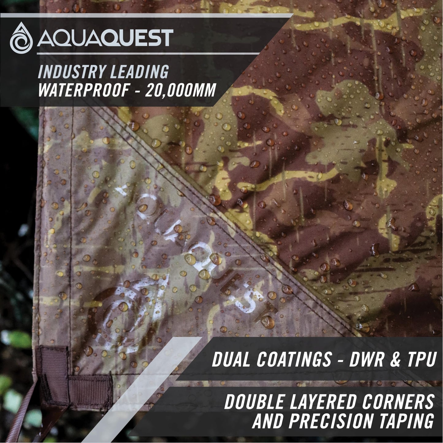 AquaQuest Defender Tarp – Heavy‑Duty Waterproof (20,000 mm) Seam‑Taped Rain Fly for Camping, Bushcraft & Survival – 13×10 True Terrain Camo