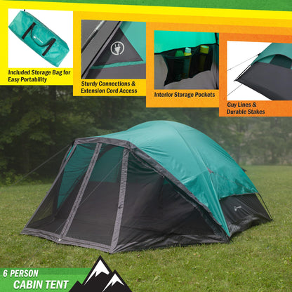 6 Person Camping Tent - Water-Resistant Cabin Style Outdoor Shelter with Built-in Screen Tent and Carrying Bag by Wakeman Outdoors (Teal)
