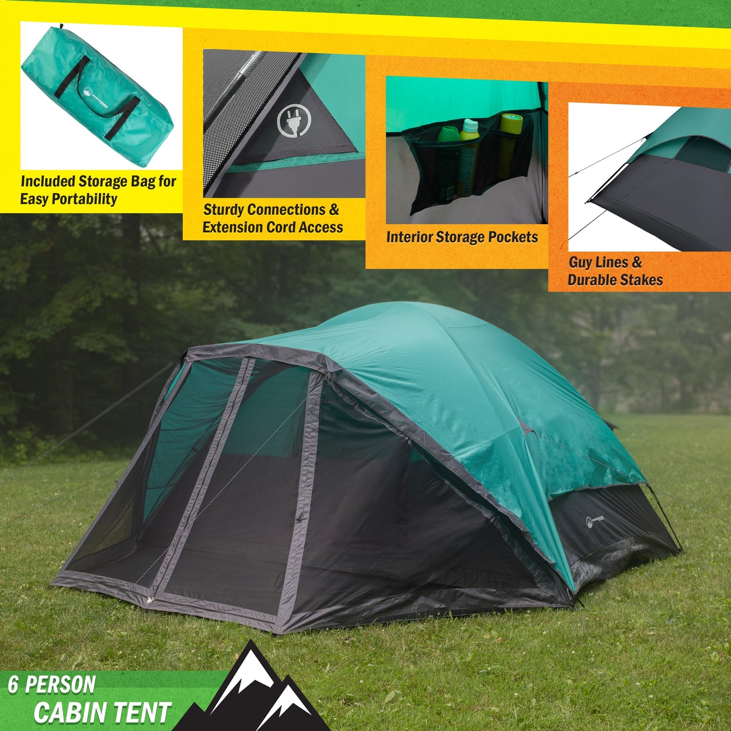 6 Person Camping Tent - Water-Resistant Cabin Style Outdoor Shelter with Built-in Screen Tent and Carrying Bag by Wakeman Outdoors (Teal)