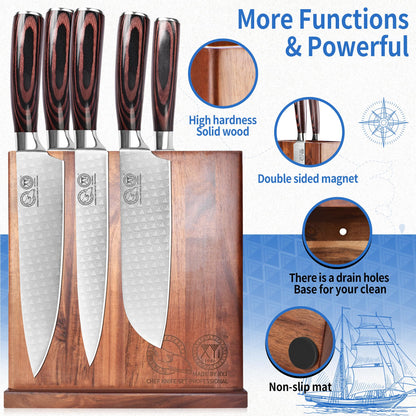 XYJ Authentic Since 1986, Magnetic Knife Block, Double Side Kitchen Knife Stand, Acacia Wood, Magnetic Knife Holder with Strong Enhanced Magnets,Knives Storage Rack Stand for Home Kitchen