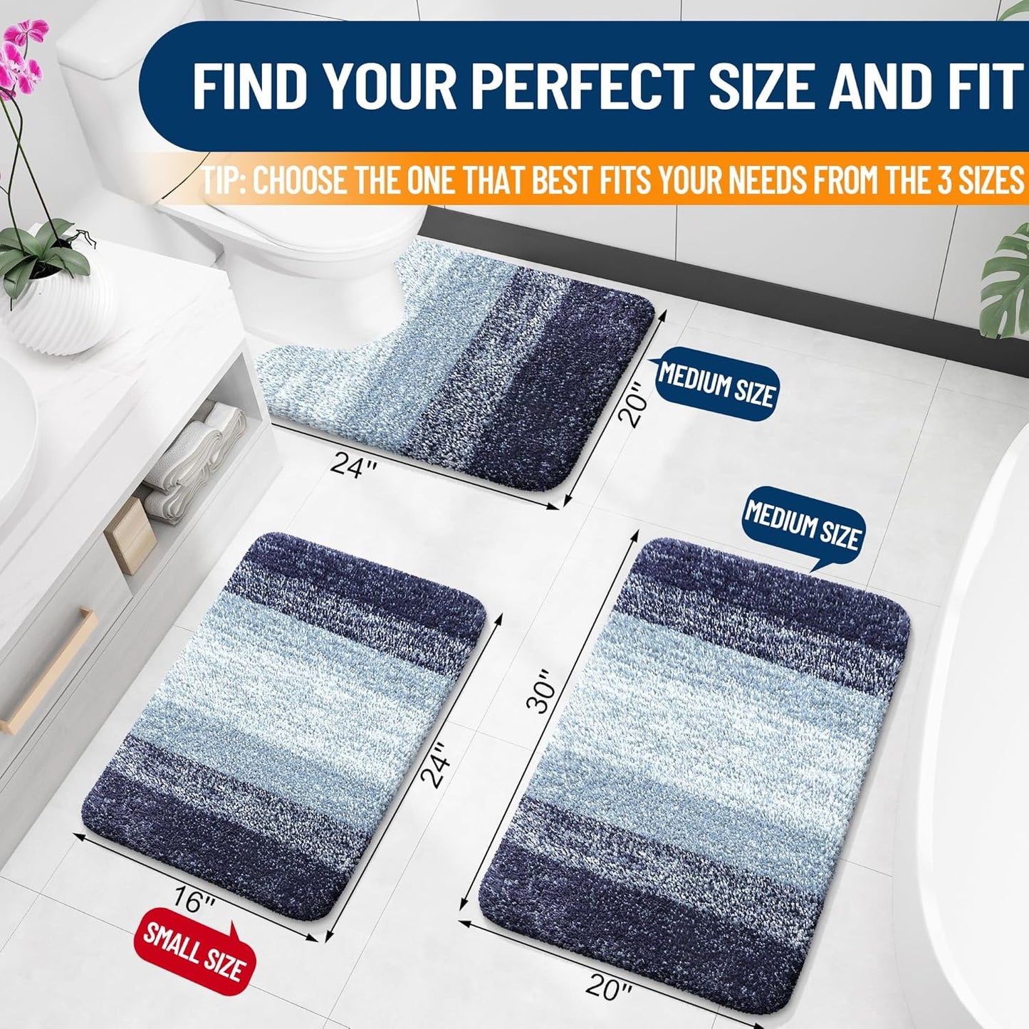 OLANLY Large Bath Rugs - Extra Soft Microfiber, Quick Dry & Washable | 54x24, Airy Blue