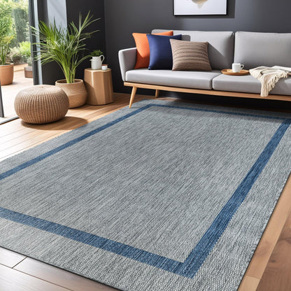 Luul Home Bordered Outdoor Rug 9x12 Washable Outside Carpet for Indoor Patio Porch Waterproof Easy Cleaning Non Shedding Area Rugs Silver Gray - Blue 9 x 12