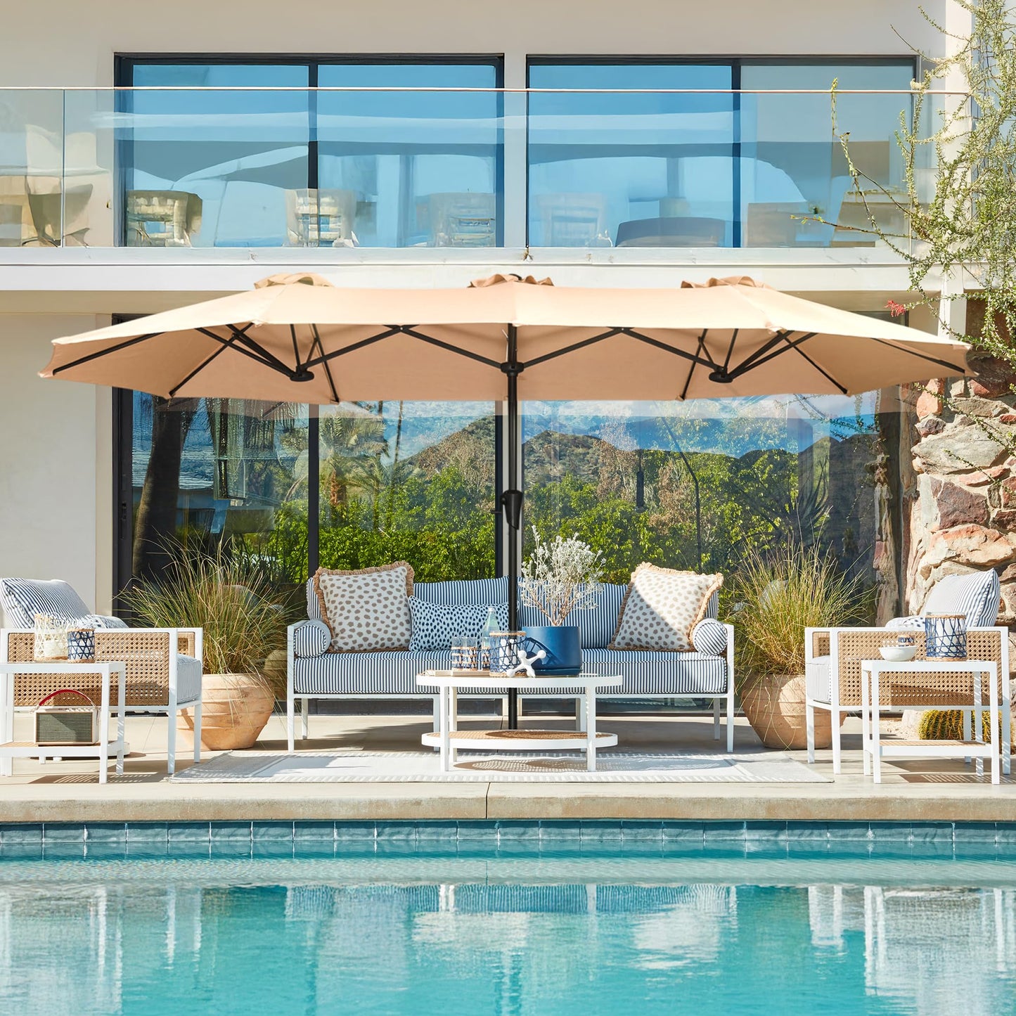 SUPERJARE 13FT Outdoor Umbrella for Patio, Double sided Pool Umbrellas with Fade Resistant Canopy, Large Table Umbrella for Deck, Market, Backyard - Beige(No Base)