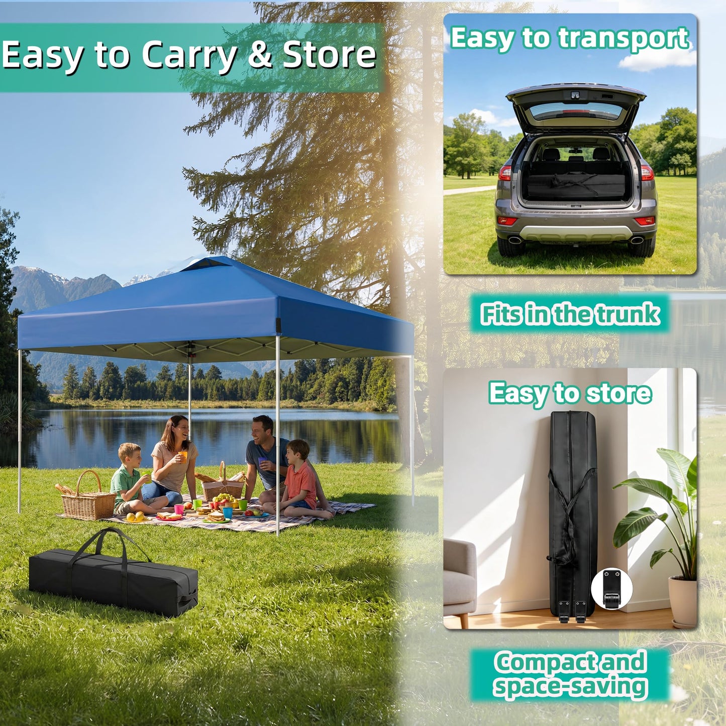 10 x 10FT Blue Pop Up Canopy Tent, Easy Setup Outdoor Portable Gazebos Shelter Sun Shade with Wheeled Carry Bag, Sandbags for Events, Party, BBQ, Backyard, Adjustable Height