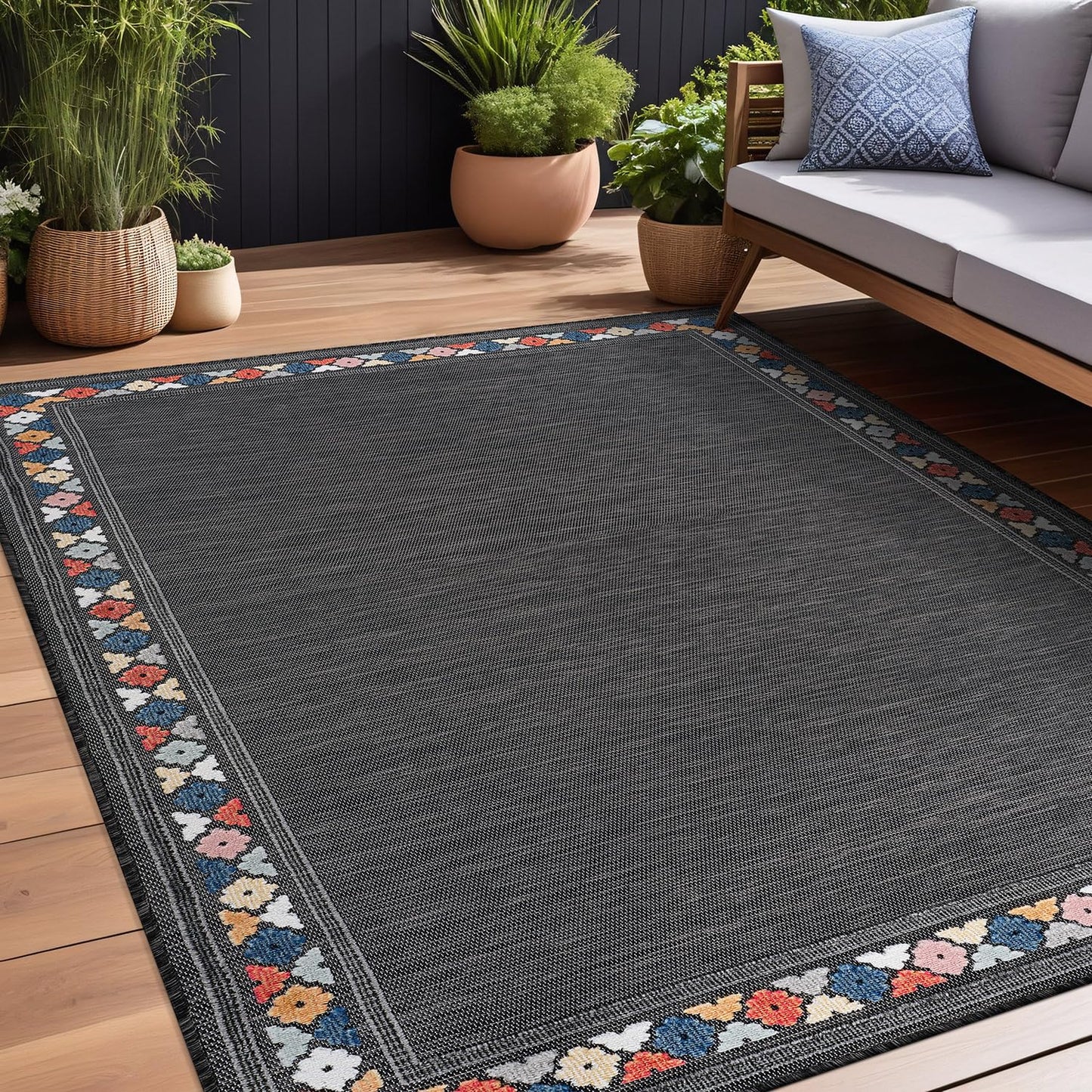 Beverly Rug Outdoor Rug 10x14 Modern Bordered Large Area Rugs for Indoor and Outdoor Patio Easy to Clean Non Shedding Living Room Porch Garden Washable Outside Carpet (10 x 14 Dark Gray)