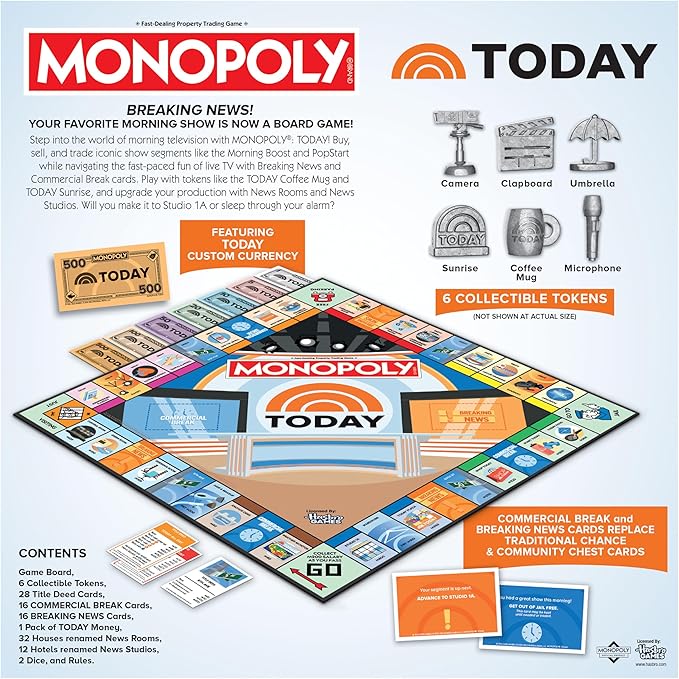 Monopoly: Today Board Game Buy Sell &amp Trade Studio1A Today Plaza &amp More Includes 6 Collectible Mover Tokens - Today Coffee Mug Umbrella Camera &amp More Official NBC Universal Merchand