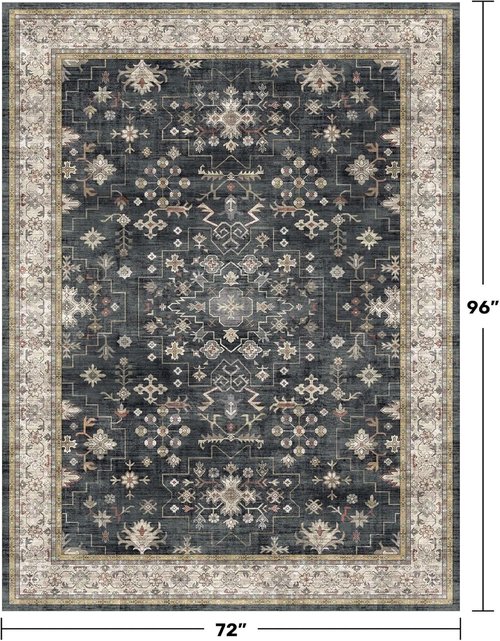 Hazo Haus Boho Area Rug - Washable Black Low Pile Non-Slip Dining Room Carpet | 6x8 Geometric Design