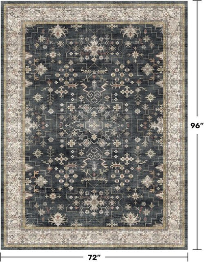 Hazo Haus Boho Area Rug - Washable Black Low Pile Non-Slip Dining Room Carpet | 6x8 Geometric Design