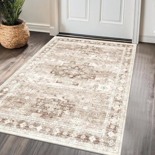 Farmhouse Large Entryway Rug by Washable | Non-Slip, Stain Resistant | 3x6 Beige/Latte for Kitchen & Bedroom