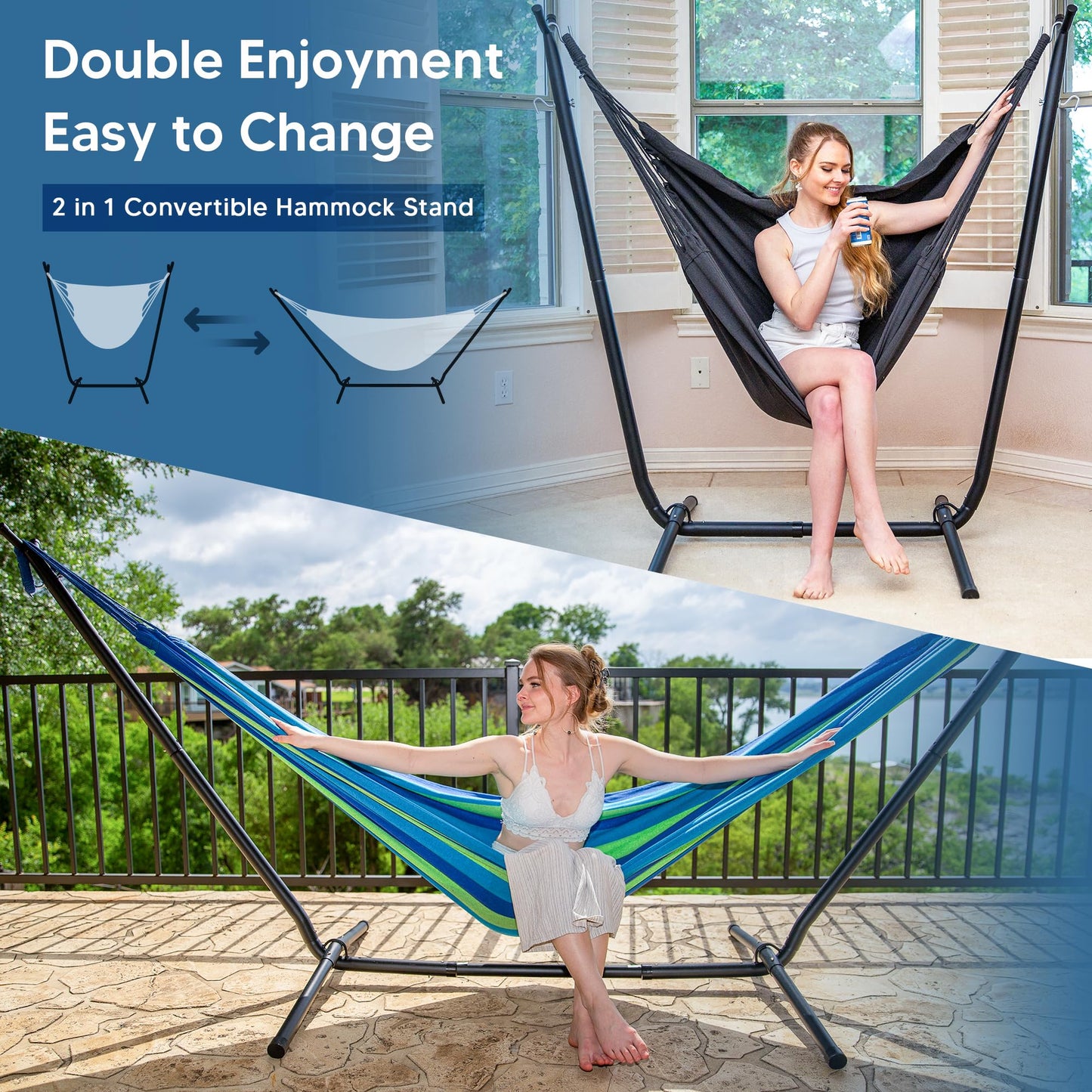 SUNCREAT 2-in-1 Hammocks Hammock Chair with Stand, 475 lbs Capacity, Heavy Duty Two Person Hammock with Stand, Patented, Blue Stripe